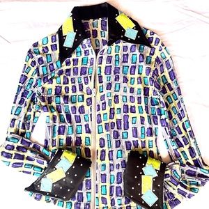 Zippered Multi colored Top with Leatherlike Collar and Cuffs, Sz Med